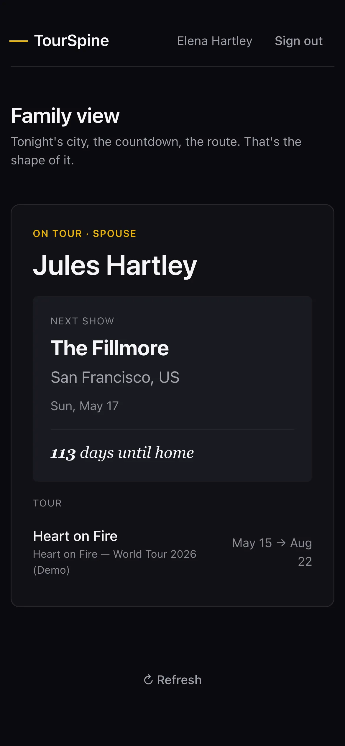 Family view on iPhone, signed in as Elena Hartley: Jules Hartley on tour, next show at The Fillmore in San Francisco on Sun May 17, with 114 days until home countdown