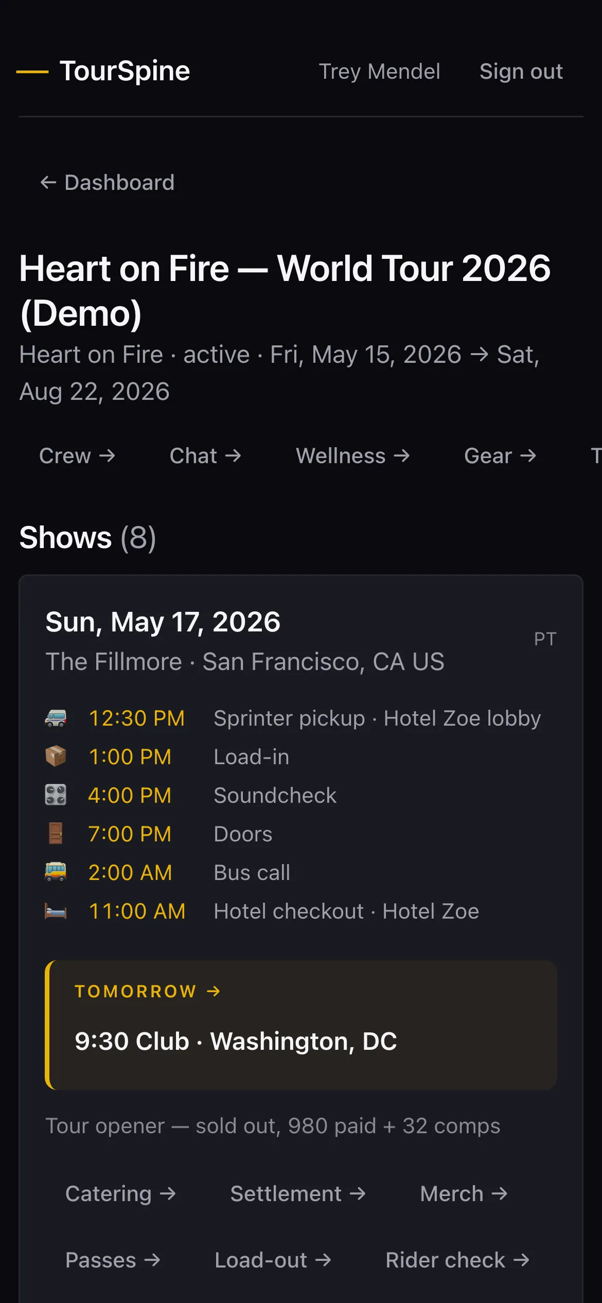Tour detail on iPhone, signed in as crew: Heart on Fire World Tour 2026, 8 shows, with per-show load-in, soundcheck, doors and bus call times, and per-show actions for catering, settlement, merch, passes, load-out, rider check, openers, runner, setlist, emergency
