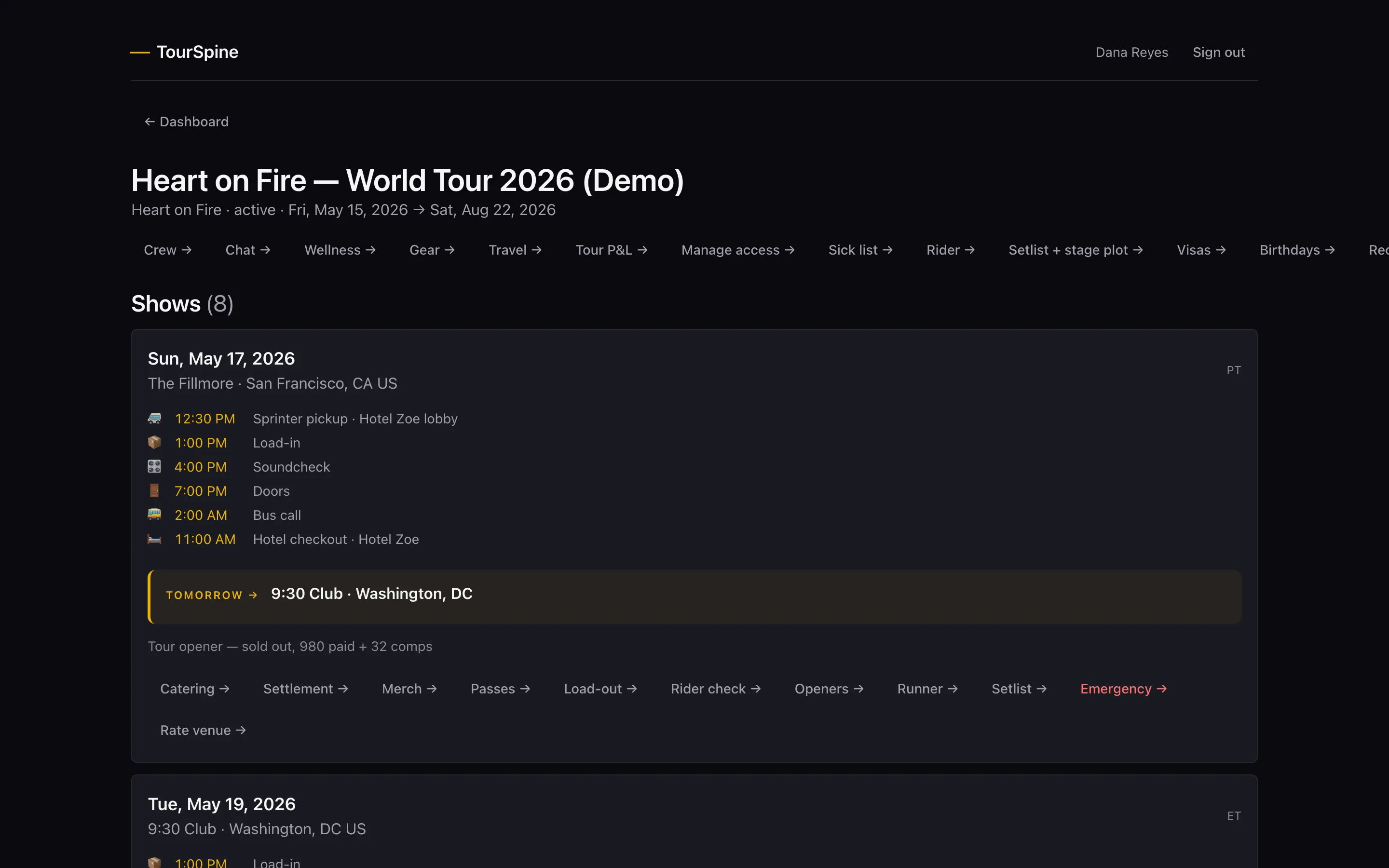 TourSpine tour detail screen showing Heart on Fire World Tour 2026 with shows for The Fillmore SF and 9:30 Club DC, per-show actions for catering / settlement / merch / passes / load-out / rider check / openers / runner / setlist / emergency